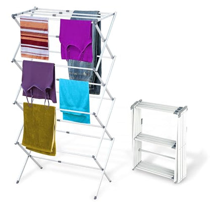 BLACK+DECKER 4-Tier Expandable Collapsible Clothes Drying Rack, Telescopic Height, Foldable Space-Saving Laundry Air Dryer for Towels, Shirts & Delicates – Durable Steel, No Tools Needed - color: White/Grey