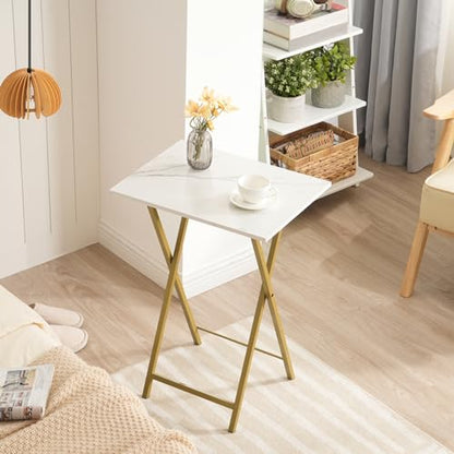 HOOBRO Folding TV Tray Tables, Set of 4 TV Trays with Storage Rack, Industrial Side Table for Eating at Couch, Foldable Snack Table for Small Space, Easy Assembly, Marble and Gold DM50BZ01 - color: Marble + Gold