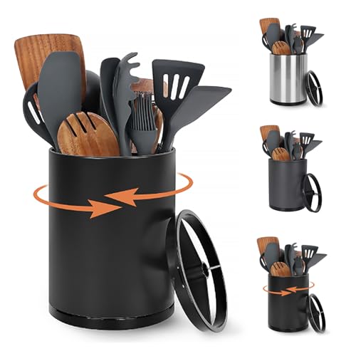 Nigelia Extra Large Kitchen Utensil Holder, 360° Rotating Stainless Steel Cooking Utensil Holder for Countertop, 3 Compartment Flatware Organizer & Cooking Caddy with Removable Base（Black） - color: Black, size: Large