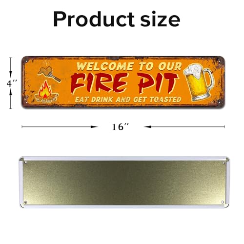 Funny Camping Signs, Welcome to our Fire Pit Eat Drink and Get Toasted, Novelty Tin Camper Decor, Metal Signs 4x16 Inches - color: V-102
