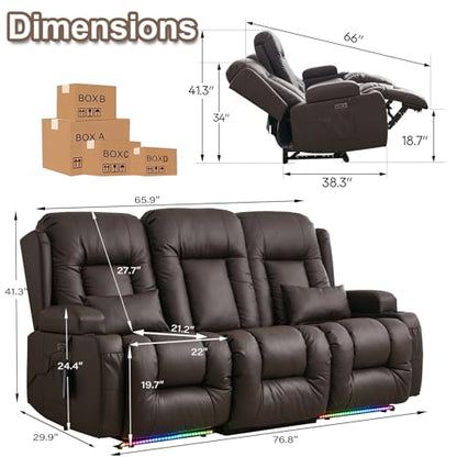 TUNYI Power Loveseat Recliner Sofa with Massage & Heat Home Theater Seating with Console RV Recliner Loveseat Sofa with USB/Storage/Side Pocket/LED Light/Speaker (Brown, 3 Seat) - color: Brown, size: 3 Seat
