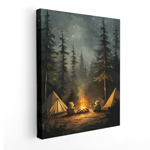 APJYM Rustic Pine Tree Bear Forest Camfire Camping Wall Art, Vintage Dark Moody Wood Land Nauture Landscape Canvas Wall Art for Cabin Camper Home, 11x14 Inch Framed - color: Rustic Pine Tree Bear