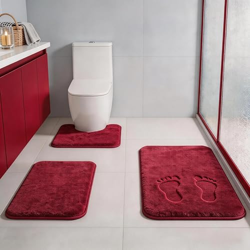 RUN HELIX Bathroom Rugs Sets 3 Piece, Soft Absorbent Memory Foam Bath Mats Set, Dry Fast Bath Mat, Machine Washable Bath Rug Set for Bathroom （Christmas Red） Bathrom Decoration - color: Bright Red