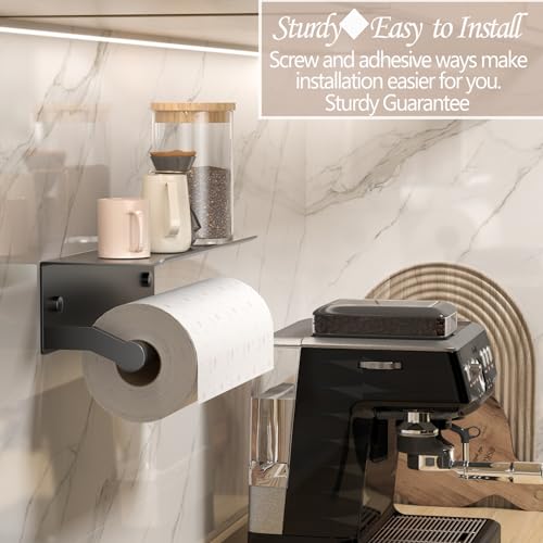 Black Paper Towel Holder Wall Mount with Shelf for Bathroom, Matte Black Adhesive Hand Towel Holder for Bathroom Kitchen RV - color: Black General