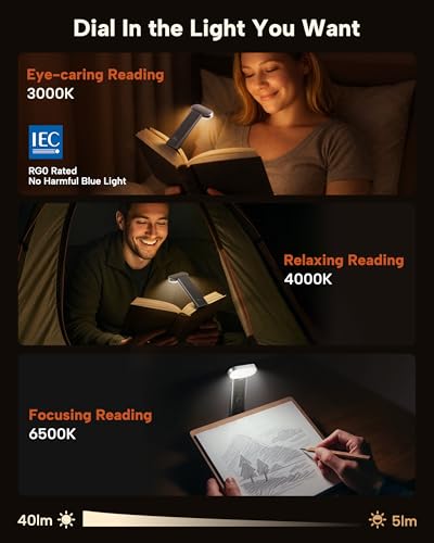 86lux Book Light, Reading Light for Book in Bed, USB Rechargeable LED Night Light with 3 Colors & Stepless Dimming, Aluminum Alloy Bookmark Light for Book Lovers, Technology Black - color: Technology Black