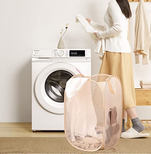 2Pcs Pop Up Hampers for Cruise, Folding Laundry Basket Space Saving Design, Dirty Clothes Hamper for Bedroom, Hotel, RV, Travel (White+Beige) - color: White+Beige