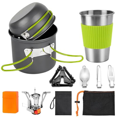 aiGear 8pcs Camping Cooking Set for 1-2 People with Pot Cutlery Stove Stand | Lightweight aluminum nonstick cookware, folding handles, nesting design, portable for camping, picnic, hiking, backpacking - color: Green