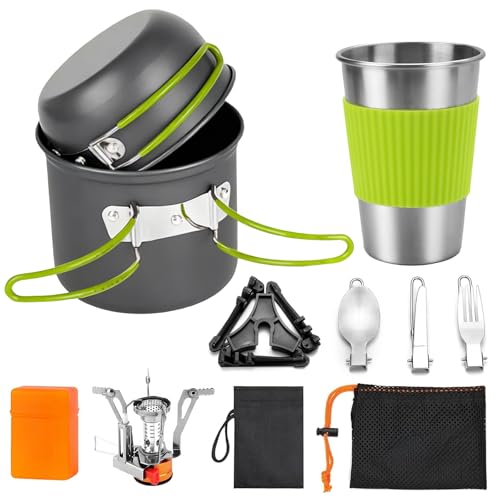 aiGear 8pcs Camping Cooking Set for 1-2 People with Pot Cutlery Stove Stand | Lightweight aluminum nonstick cookware, folding handles, nesting design, portable for camping, picnic, hiking, backpacking - color: Green
