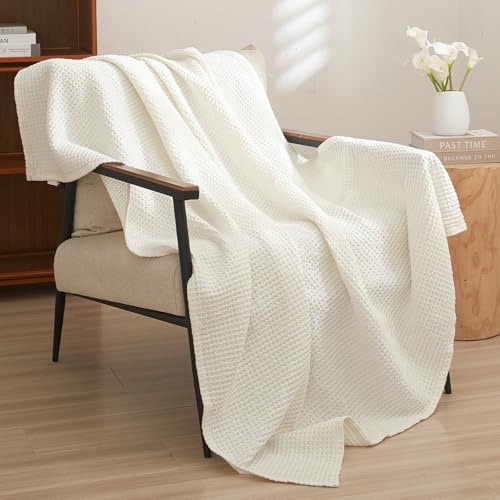 PHF Pre-Washed Cotton Waffle Weave Blanket Throw Size for Couch Bed,Snag Proof Spring Summer Lightweight Breathable,Oeko-TEX Certified,Machine Washable, Home Decor Gift，Cream - color: Cream, size: Throw(50" x 60")