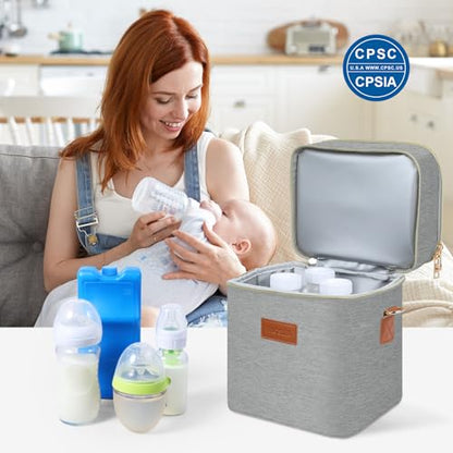 PIIOSER Breastmilk Cooler Bag with Ice Pack Fits 6 Baby Bottles Up to 9 Ounce, Insulated Baby Bottle Tote Bags, Double Layer Waterproof Leak-Proof with Shoulder Strap for Nursing & Working Mom (Grey) - color: Grey