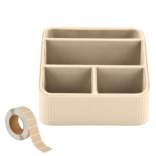 Remote Control Holder, Small Nightstand Organizer with 4 Compartments, PU Leather Desk Caddy, Multifunctional Bedside Desktop Organizers with Label Stickers(COLOR:Beige)
