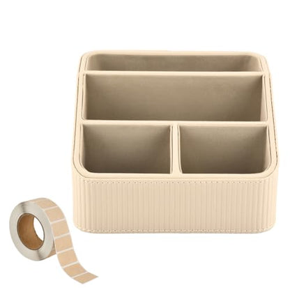 Remote Control Holder, Small Nightstand Organizer with 4 Compartments, PU Leather Desk Caddy, Multifunctional Bedside Desktop Organizers with Label Stickers(COLOR:Beige)