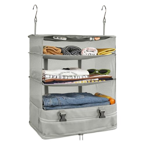 Surblue Hanging Closet Storage Bag Collapsible 3-Shelf Washable Oxford Fabric with 2 Hooks (XL 17.71 * 11.81 * 20in, Light Gray) - color: Light Gray, size: XL 17.71*11.81*20in
