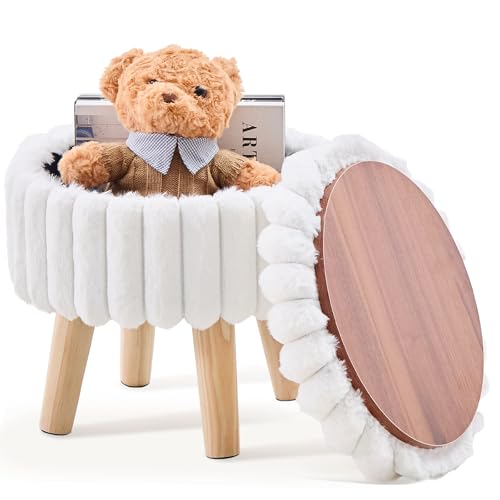 Wimarsbon Storage Ottoman, Modern Round Footrest with Soft Padded Seat, Teddy Velvet Footstool with Wood Legs, Accent Small Table or Plant Stand for Hallway, Living Room (White) - color: White