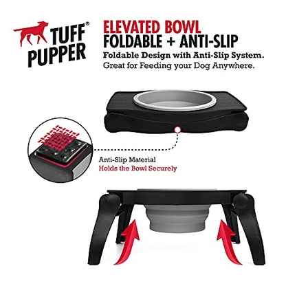 Tuff Pupper Elevated Dog Bowl - Single Raised Collapsible Travel Bowl Holds 80oz/12cups Food/Water