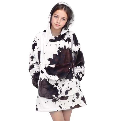 cow print Wearable Blanket Hoodie for Teens - Oversized Cozy Soft Brown and White Sweatshirt Blanket Gifts for Teens Girls Boys 6-13 Year Old - color: Black White, size: Kids-M