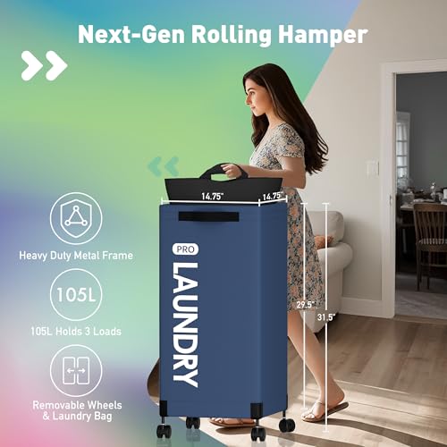 Caroeas Next-Gen 105L Matel Frame Laundry Basket with wheels, Heavy Duty Tall Rolling Laundry Hamper with Removable Wash Bag, Collapsible Freestanding Clothes Hamper (105L,Navy Blue,1Pack) - color: Navy Blue