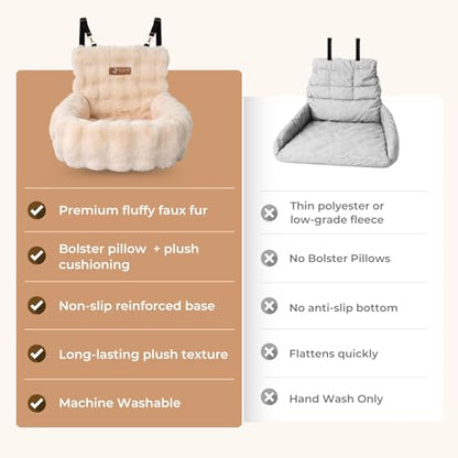 Pelsbarn Luxurious Cozy Car Bed - Small Luxury Travel Dog Bed with Safety Belt - Ultra Soft Faux Fur - Beige - color: Beige, size: Small