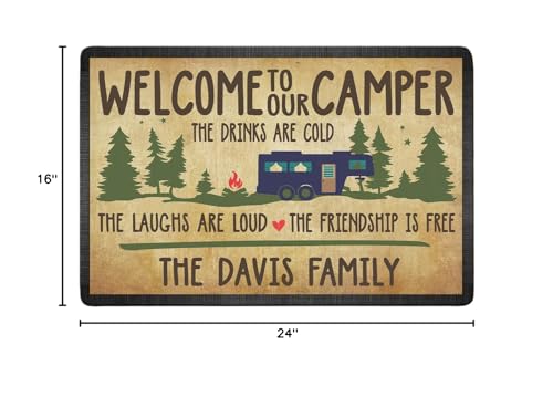 Personalized Welcome to Our Camper Doormat - Custom Family Name The Drinks are Could The Laughs are Loud The Friendship is 16 x 24 inches - color: Style 2
