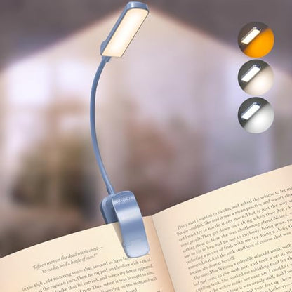 Glocusent 13 LED Rechargeable Book Light for Reading at Night, Eye-Caring 3 Amber Colors & Stepless Dimming, Lasts 1 Week to 2 Months, Travel Clip on Lamp, Gifts for Book Lovers, Men, Women & Kids - color: Lake Blue