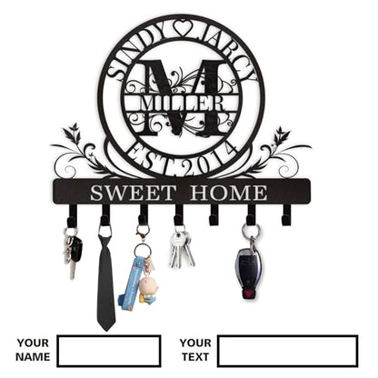 Dyoart Personalized Key Holder for Wall, Custom Family Name Metal Wall Key Hanger, Key Hooks with Monogram Design, Key Rack Holder Wall Mount for Living Room Bedroom, Anniversary Couple Gift - color: 04 Monogram