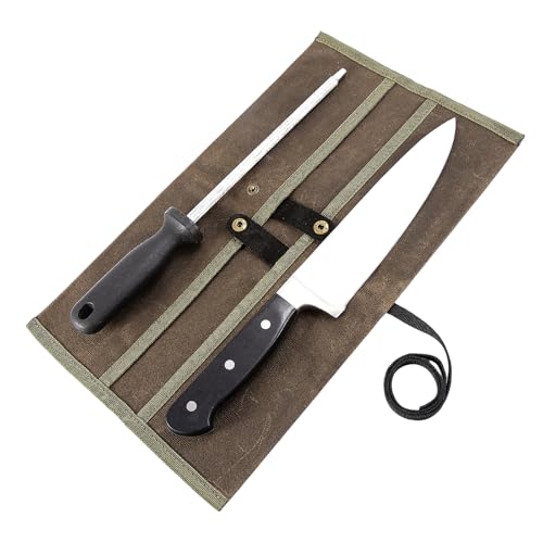 Double Knife Roll for Chefs,Waxed Canvas Vertical Knife Storage Case,Travel Carry-On Roll Bag,Rectangular Protector Sheath Pouch Organizer for Chef Kitchen Cutlery Knives Accessories,Cooking Tool - color: Army Green / Double, size: 14.75" x 8.25" x 3.5"
