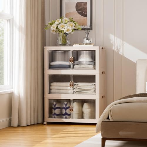 SAILUN 381Qt Extra Large Stackable Storage Bins Folding Collapsible Storage Bins with a Lid, Closet Organizers and Storage Blush White 28" W x 17" D x 46" H - color: Blush White, size: 1 Lid 3 Pack-28" W x 17" D x 46" H