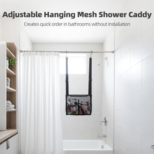 Joyibay Adjustable Hanging Mesh Shower Caddy, 4 Pockets, 2 Metal Hooks | Breathable hanging storage bag for shower, gym, RV, travel, and compact bathroom spaces; keeps bath items easy to reach