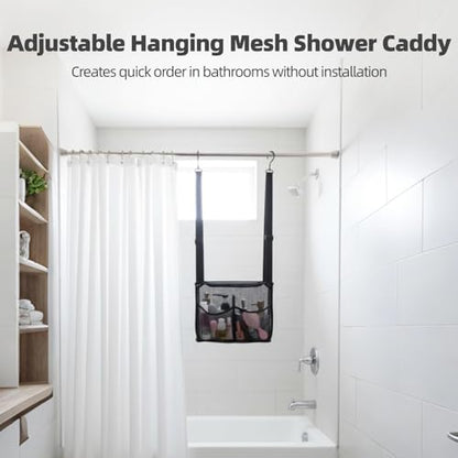 Joyibay Adjustable Hanging Mesh Shower Caddy, 4 Pockets, 2 Metal Hooks | Breathable hanging storage bag for shower, gym, RV, travel, and compact bathroom spaces; keeps bath items easy to reach