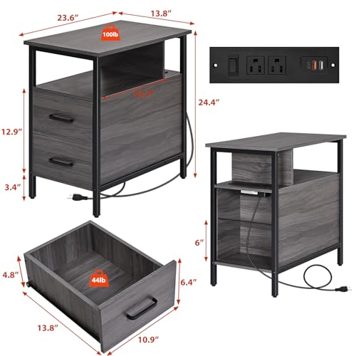 Livofloral Side Table, End Tables with Charging Station, Narrow End Table with Wooden Drawers, USB Ports and Power Outlets, Nightstand and Bedside Table, End Table Living Room, Bedroom, Dark Grey - color: Dark Gray