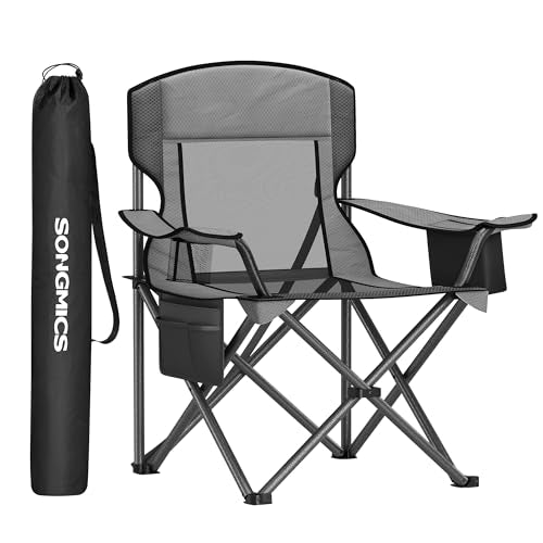SONGMICS Camping Chair, Folding Oversized Chair, Comfortable and Heavy-Duty, 352 lb Weight Capacity, Adjustable Armrests with Cooler Bag, Storage Bag, Breathable Mesh, Slate Gray UGCB060G01 - color: Grey, style: 1PC (24.8"D x 37"W x 38.6"H)