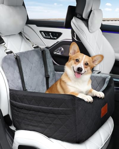 WOOAIDAGG Dog Car Seat for Small Dogs Under 30lbs, Comfy & Safe Travel Bed with Washable Cover, 2 Clip-On Safety Leashes and Pockets, Anti-Slip Base, Easy to Install(Black/Grey) - color: Black/Grey