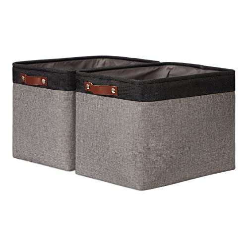 DULLEMELO Storage Bins 16"x12"x12" With Leather Handles for Organizing,Decorative Collapsible Storage Baskets for Shelves Closet Home Office (Black&Grey) - color: Black&Grey-Leather Handles, size: Large-16"x12"x12"