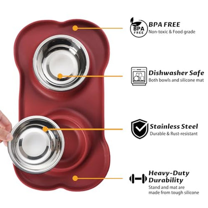 Hubulk Pet Dog Bowls 2 Stainless Steel Dog Bowl with No Spill Non-Skid Silicone Mat + Pet Food Scoop Water and Food Feeder Bowls for Feeding Small Medium Large Dogs Cats Puppies (Medium, Burgundy) - color: Burgundy, size: Medium