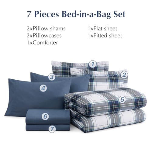 MaiRêve Queen Size Plaid Comforter Set Blue White, Classic 7 Pieces Farmhouse Bedding Set, All Season Lightweight Bed in A Bag with Sheets, Pillowcases & Shams - color: Blue White, size: Queen
