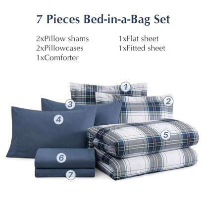 MaiRêve Queen Size Plaid Comforter Set Blue White, Classic 7 Pieces Farmhouse Bedding Set, All Season Lightweight Bed in A Bag with Sheets, Pillowcases & Shams - color: Blue White, size: Queen