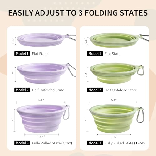 Collapsible Dog Bowls 2-Pack, Portable Travel Dog Bowl with Carabiner, Food-Grade Silicone Pet Bowl for Hiking, Walking(Macaron Violet and Green) - color: 12 OZ Macaron Violet and Green