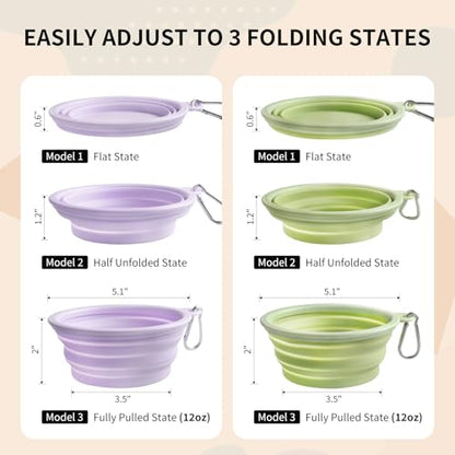 Collapsible Dog Bowls 2-Pack, Portable Travel Dog Bowl with Carabiner, Food-Grade Silicone Pet Bowl for Hiking, Walking(Macaron Violet and Green) - color: 12 OZ Macaron Violet and Green