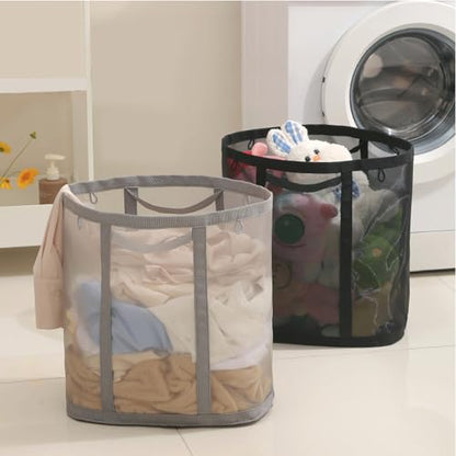 Mesh Bag with Handles, Collapsible Laundry Basket, Foldable Laundry Bag, Breathable Folding Beach Bag,Space-saving Travel Tote Bags (2, Grey&Black) - color: Grey&Black