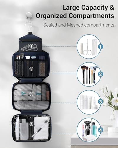 Maliton Toiletry Bag for Men & Women Travel Toiletry Bag Hanging Toiletry Bag Hygiene Organizer with 4 Compartments Waterproof Bathroom Shower Bag Large Toiletries Travel Bag(Black (Navy Blue) - color: Navy Blue