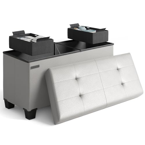 Storage Ottoman Bench with Bins, 30-in Storage Bench for Bedroom End of Bed, Folding Foot Rest Ottoman for Living Room Max 660lbs, Leather Ottomans, Light Grey - color: 01 - Light Grey