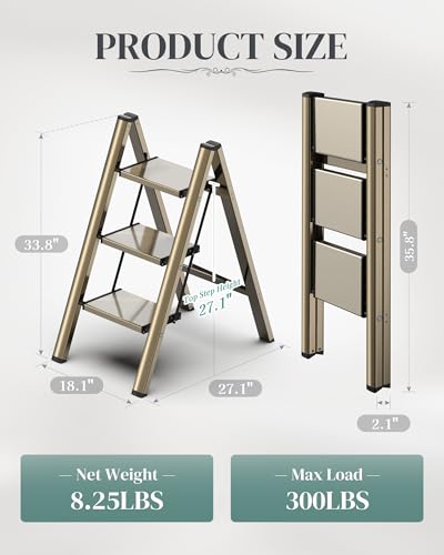 3 Step Ladder, Folding Step Stool with Wider Pedal, Anti-Slip Feet & Non Slip Stripes, Aluminum Sturdy Material, 300Lbs Capacity, Elegant Look of Champagne Gold Better Matches Your Home - color: Champagne Gold, size: 3 Step