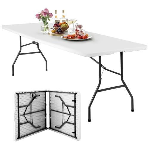 FDW 8FT Folding Table, Portable Fold-in-Half Plastic Picnic Party Table with Carrying Handle (White, 8FT) - color: White, size: 8 FT 94"x29"
