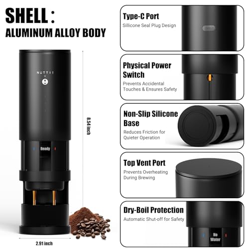 Nuttii E-Coffee Portable Espresso Machine, 20 Bar Self-Heating Travel Coffee Maker, Precise Pressure Control for Golden Extraction, Supports Ground & Capsule Coffee for RV, Camping & Office (Black)