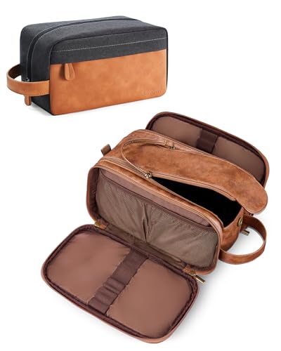 Elviros Travel Toiletry Bag Gift for Men，Mens Toiletries Bag Gifts Set Shaving Dopp Kit Water-resistant Bathroom Toiletries Organizer PU Leather Cosmetic Bags 2 Pack - color: Brown, size: 2 Piece
