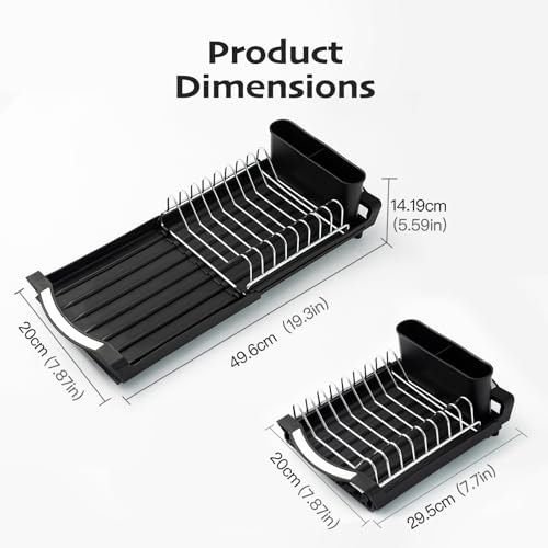 Extendable Dish Drying Rack, Stainless Steel, Over Sink or Counter, with Utensil Holder
