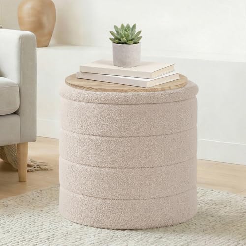17" Round Storage Ottoman,Boucle Sherpa Ottoman with Tray, Faux Teddy Foot Rest Coffee Table for Bedroom Dorm Living Room,Beige - color: Beige, size: 16.9"D x 16.9"W x 17.7"H