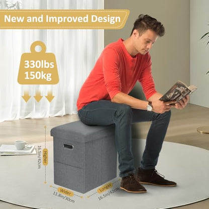 Tall Ottoman with Storage Collapsible Fabric Small Slim Folding Ottoman Furniture with Handles Lid for Room Footrest Foot Stool Linen Grey 16.5x16.5x11.8in - color: Grey