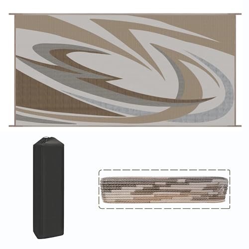 EEZ RV Products 9ft x 6ft Heavy Duty Reversible/Durable Outdoor Patio/RVing Camping Mats Come with Large Storage Bag & 6 Sets of Stakes and Washer, Wave Brown - color: Wave Brown, size: 6' x 9'