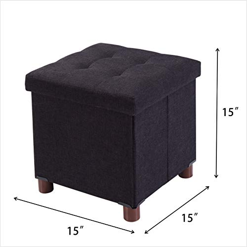 15 Inch Storage Ottoman with Wooden Legs - Cube Foot Rest Stool, Square Footstool, Comfortable Seat with Lid, Foldable Fabric Ottoman, Space-Saving Black - color: Squ Black